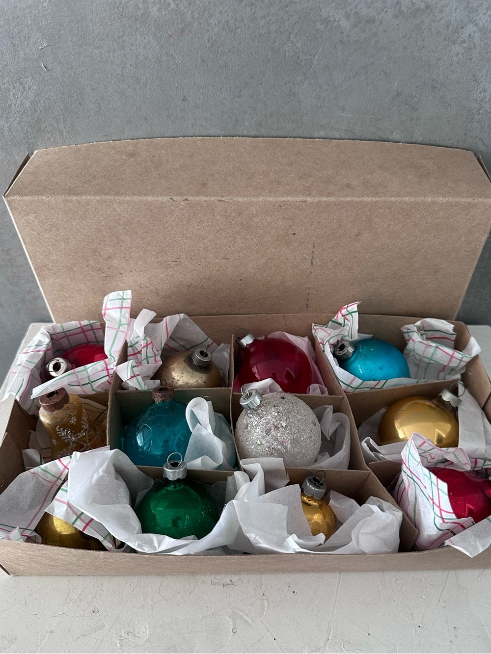 VINTAGE BOX OF 12 VARIOUS Christmas Tree Glass Ornaments SILVERED UNSILVERED